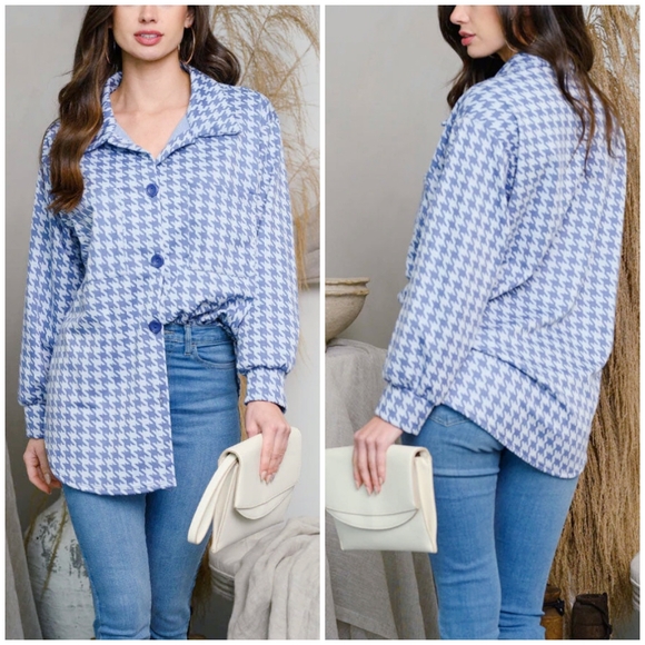 IF SHE LOVES Vintage Retro Chic Blue Houndstooth Oversized Top - Picture 7 of 7